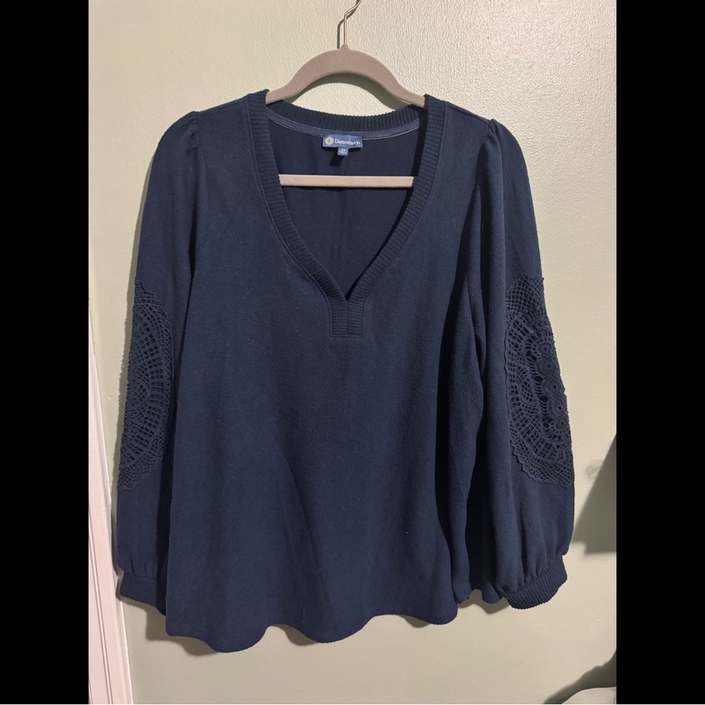 Democracy Deep Blue Blouse with Lace Sleeves